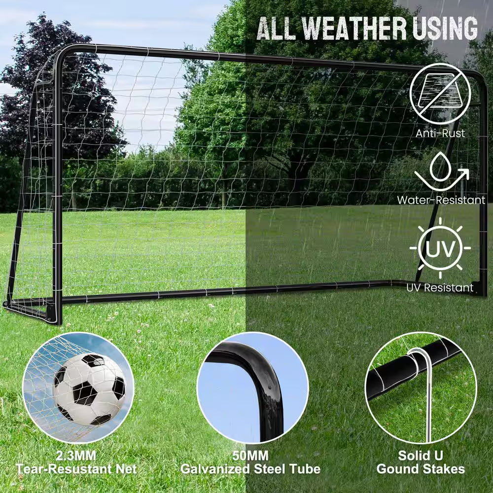 12 X 6 Ft. Soccer Goal for Backyard Metal Soccer Goal Foldable Steel Soccer Goal In. Black W/ Training Target and 6 Cone