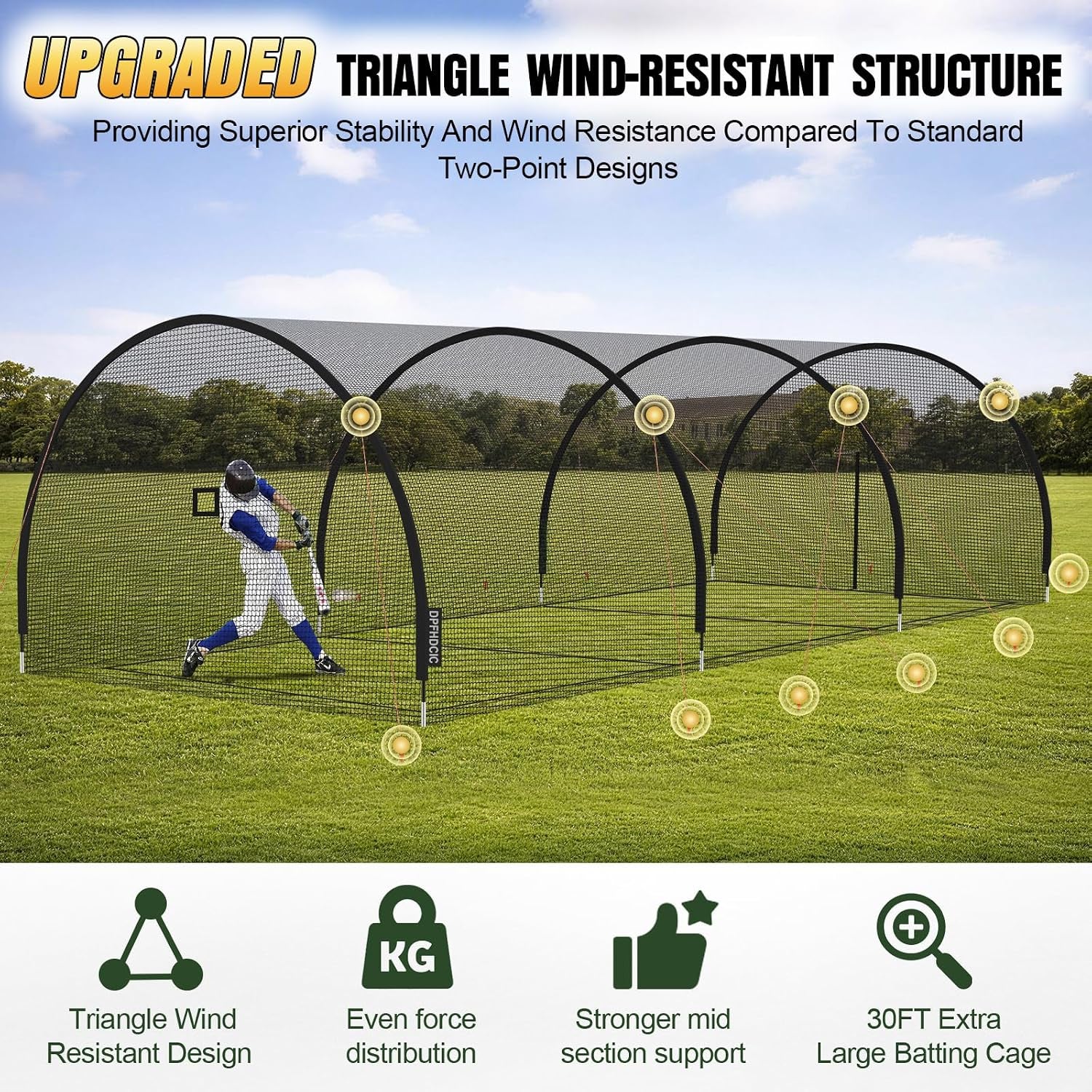 Baseball Batting Cages for Backyard 30Ft X 10Ft X 10Ft Baseball & Softball Cage Net with Zipper Door 4-Ply Reinforced Netting Portable Batting Cage for Backyard & Outdoor Lawn Training