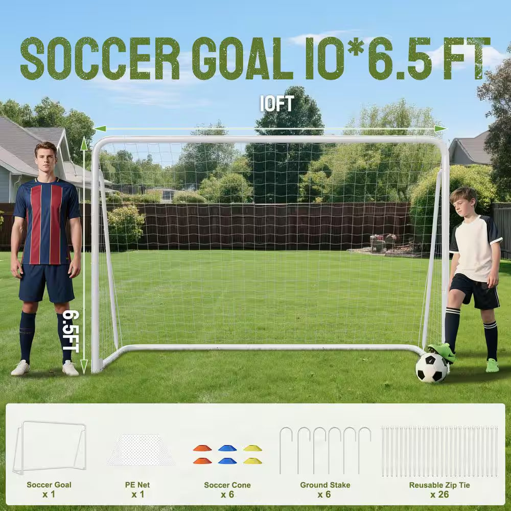 10 X 6.5 Ft. Soccer Goal Foldable Steel Soccer Goal with Training Target and 6-Cones Weatherproof Soccer Goal in White