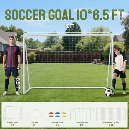 10 X 6.5 Ft. Soccer Goal Foldable Steel Soccer Goal with Training Target and 6-Cones Weatherproof Soccer Goal in White