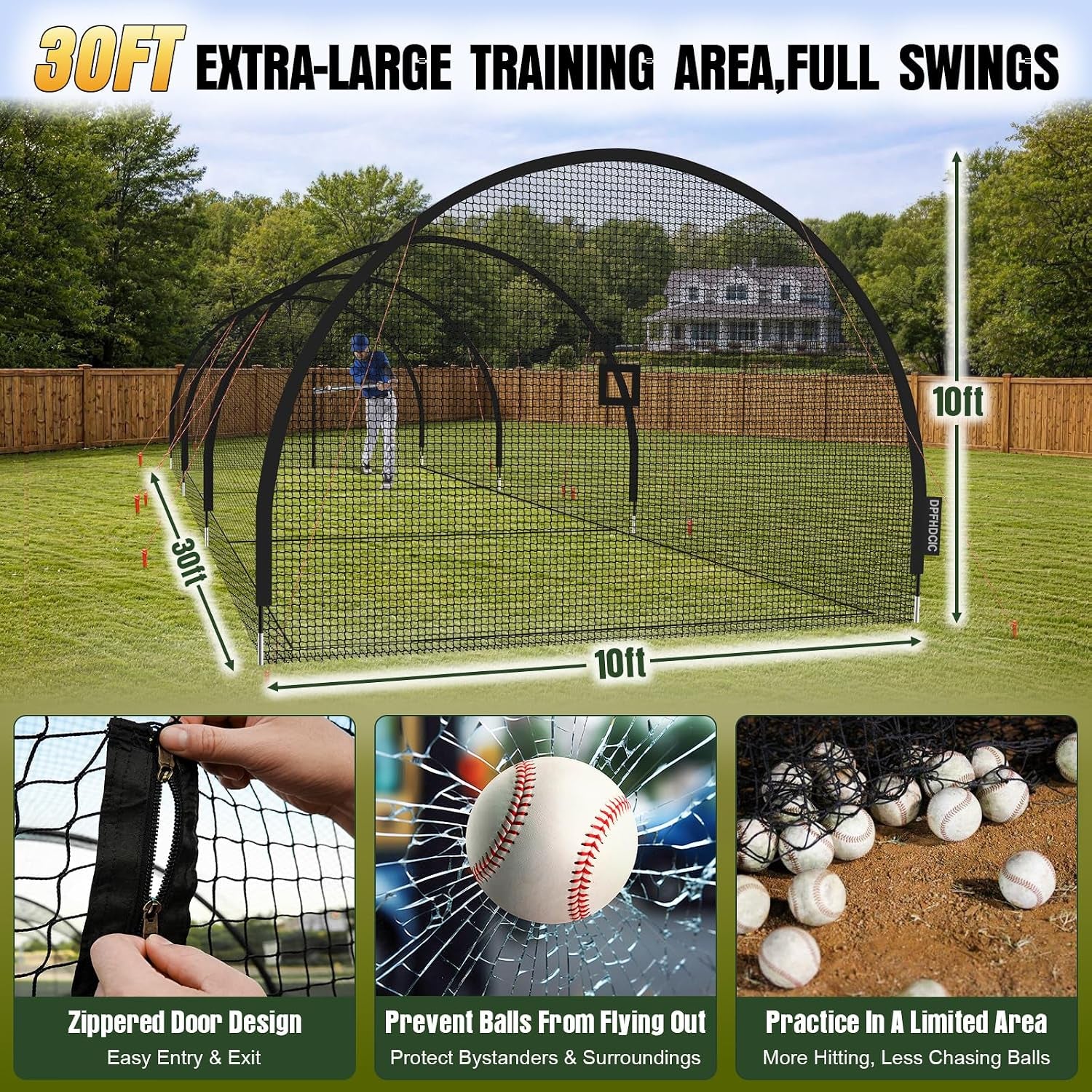 Baseball Batting Cages for Backyard 30Ft X 10Ft X 10Ft Baseball & Softball Cage Net with Zipper Door 4-Ply Reinforced Netting Portable Batting Cage for Backyard & Outdoor Lawn Training