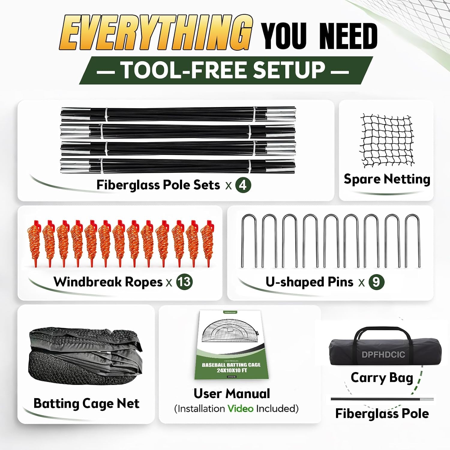 Baseball Batting Cages for Backyard 30Ft X 10Ft X 10Ft Baseball & Softball Cage Net with Zipper Door 4-Ply Reinforced Netting Portable Batting Cage for Backyard & Outdoor Lawn Training