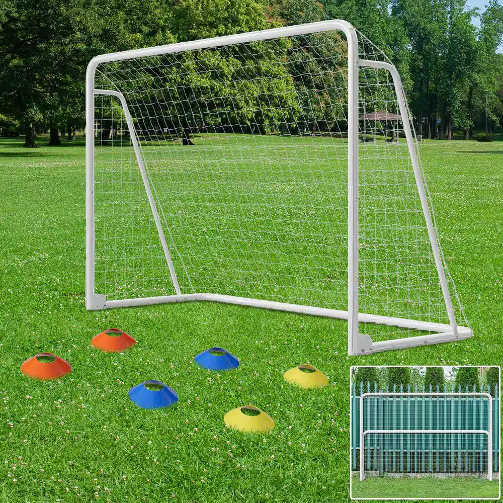 10 X 6.5 Ft. Soccer Goal Foldable Steel Soccer Goal with Training Target and 6-Cones Weatherproof Soccer Goal in White