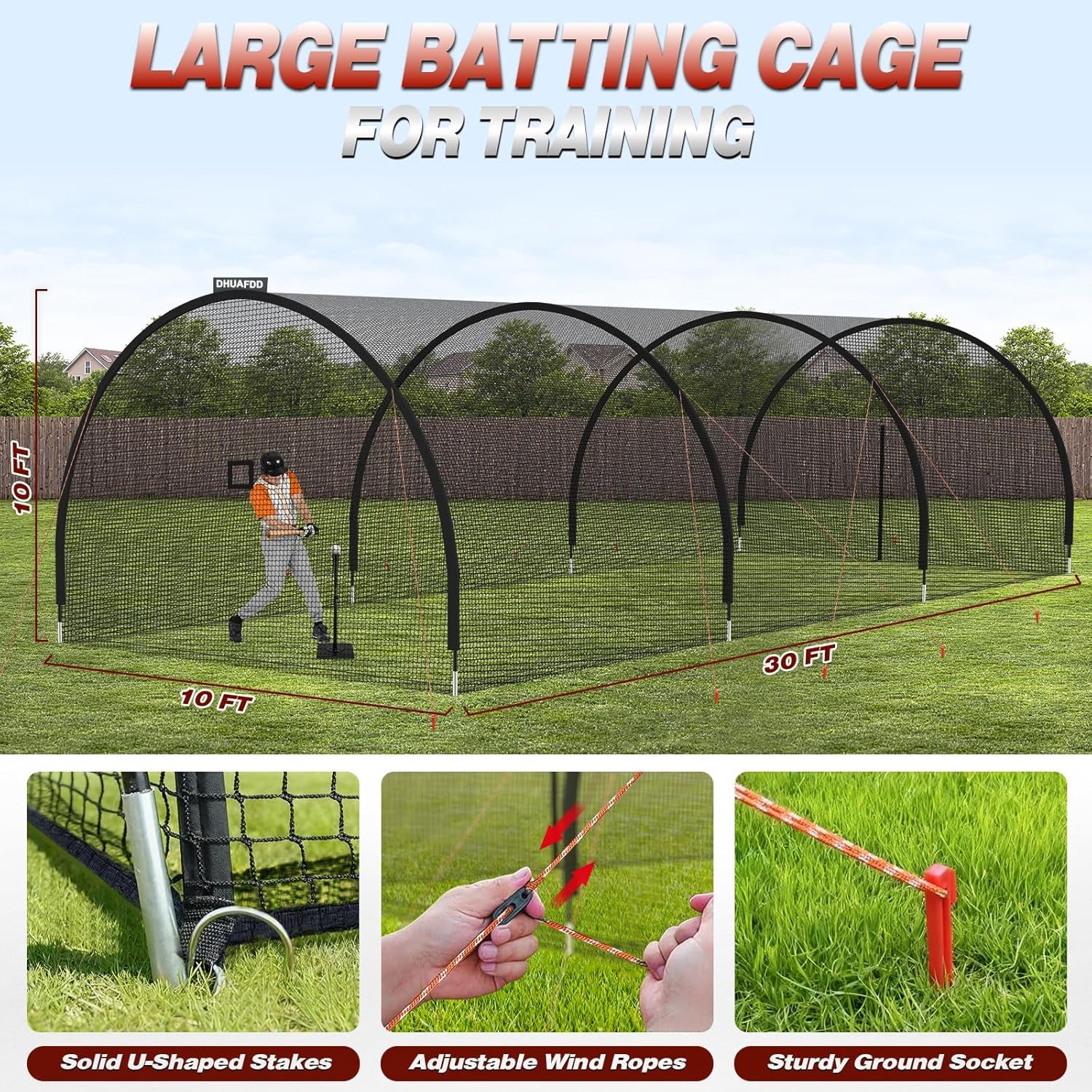 Batting Cages for Backyard - 30X10X10 Ft Softball & Baseball Batting Cage Net with Zipper Door 4-Ply Anti-Tear Netting Batting Training Cage with Sturdy Steel Frame for Outdoor Indoor Use