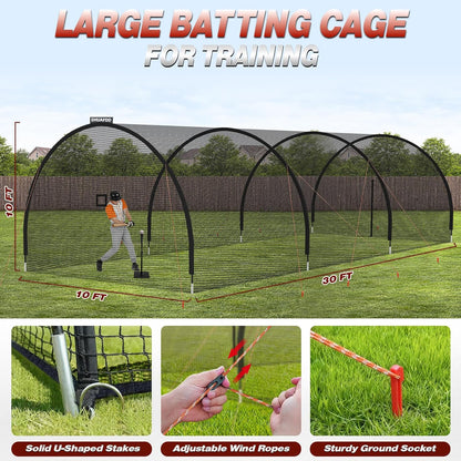 Batting Cages for Backyard - 30X10X10 Ft Softball & Baseball Batting Cage Net with Zipper Door 4-Ply Anti-Tear Netting Batting Training Cage with Sturdy Steel Frame for Outdoor Indoor Use