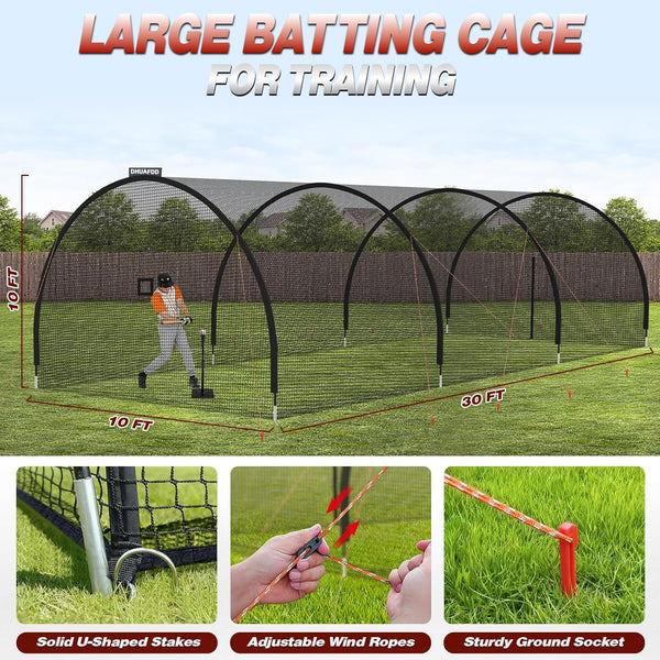 Batting Cages for Backyard - 30X10X10 Ft Softball & Baseball Batting Cage Net with Zipper Door 4-Ply Anti-Tear Netting Batting Training Cage with Sturdy Steel Frame for Outdoor Indoor Use
