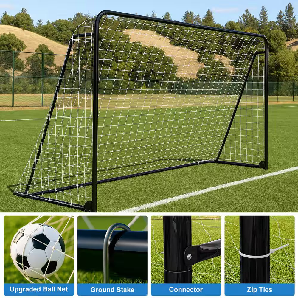 12 X 6 Ft. Soccer Goal for Backyard Metal Soccer Goal Foldable Steel Soccer Goal In. Black W/ Training Target and 6 Cone